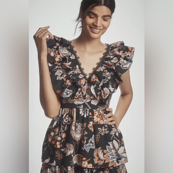 Anthropologie Navy Floral Ruffle Dress NWT - Picture 2 of 6
